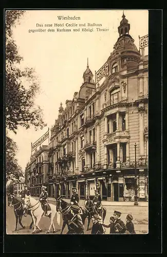 AK Wiesbaden, Das neue Hotel Cecilie und Badhaus gegenüber dem Kurhaus und Königl. Theater