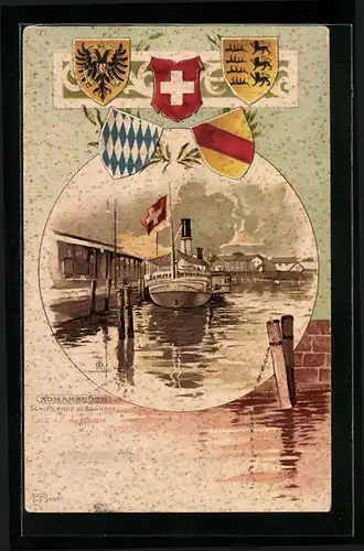 Passepartout-Lithographie Romanshorn, Schifflande und Bahnhof mit Wappen der Bodenseeanrainer