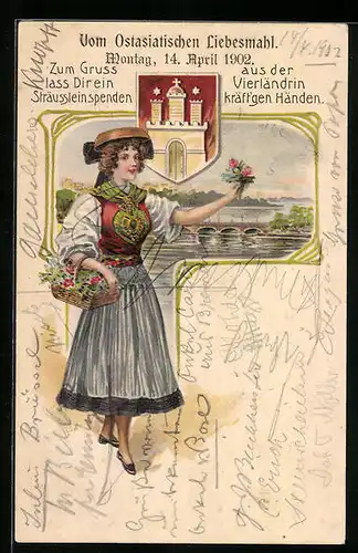 Lithographie Hamburg, Frau in Vierländer Tracht und Stadtwappen