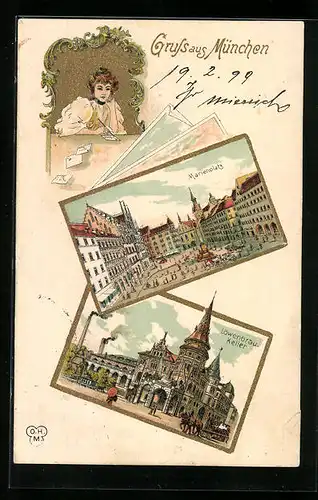 Lithographie München, Marienplatz und Löwenbräu-Keller
