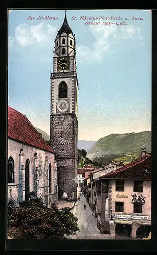 AK Meran, St. Nikolaus-Pfarrkirche, Turm und Gasthaus