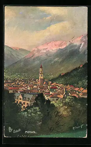 Künstler-AK Meran, Ortspartie aus der Vogelschau