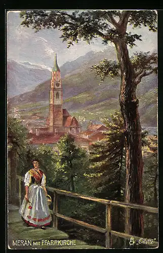 Künstler-AK Meran, Partie mit der Pfarrkirche