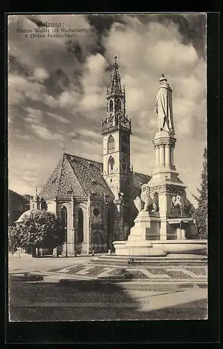 AK Bolzano, Piazza Walter col Monumento e Chiesa Parrocchiale