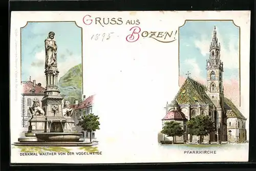 Lithographie Bozen, Denkmal Walther von der Vogelweide, Pfarrkirche
