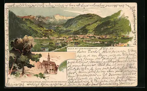 Lithographie Bozen, Ortsansicht mit dem Rosengarten, Pfarrkirche und Denkmal