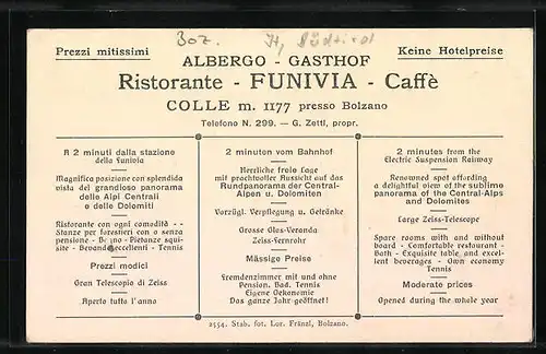 AK Colle presso Bolzano, Albergo, Ristorante e Pensione Funivia