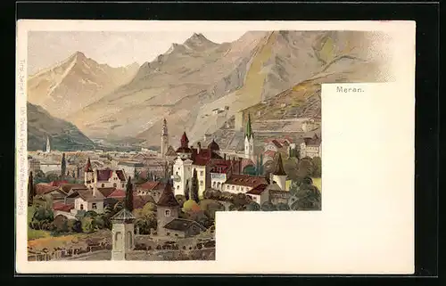 Lithographie Meran, Ortsansicht aus der Vogelschau