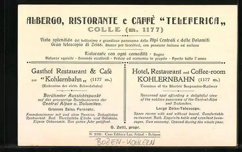 AK Bozen-Kohlern, Albergo, Ristorante e Pensione Teleferica