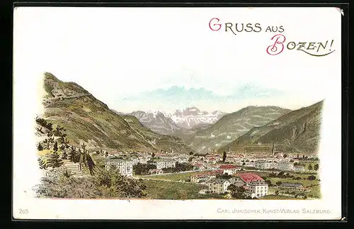 Lithographie Bozen, Totalansicht mit Landschaftspanorama