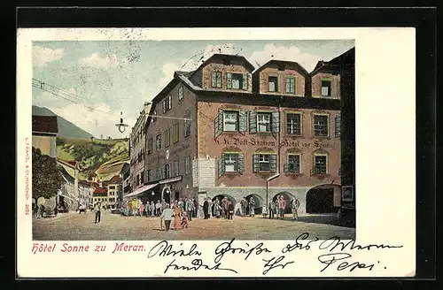 AK Meran, Strassenpartie am Hotel Sonne