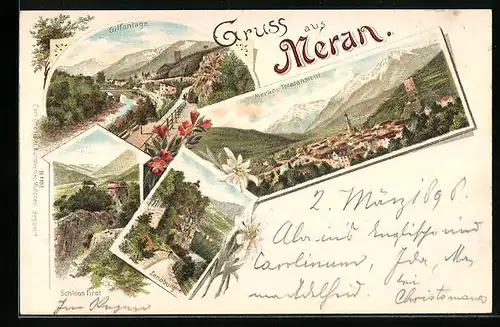 Lithographie Meran, Gilfanlage, Totalansicht, Zenoburg, Schloss Tirol