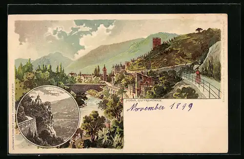 Lithographie Meran, Zenoburg und Gilfpromenade