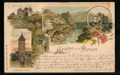 Lithographie Meran, Strassenpartie am Passeier Tor, Schlossansicht