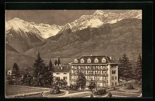 Künstler-AK Meran, Hotel-Pension Maja mit Alpenpanorama