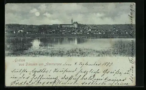 Mondschein-AK Diessen a. Ammersee, Ortsansicht mit Uferpartie