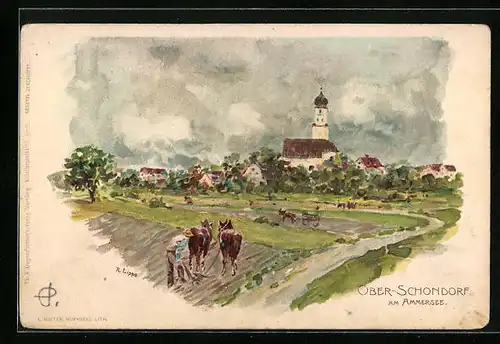 Künstler-AK Ober-Schondorf a. Ammersee, Ortsansicht mit Kirche und Acker