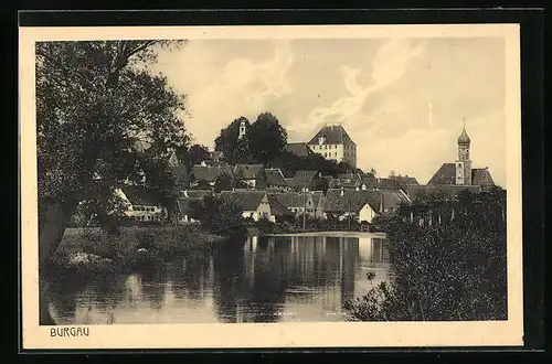 AK Burgau, Partie am Ufer, Kirchturm