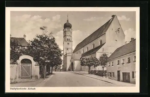 AK Aichach, Strassenpartie mit der Stadtpfarrkirche