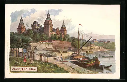 Künstler-AK Aschaffenburg, Partie am Ufer vor der Burg, Segelboot