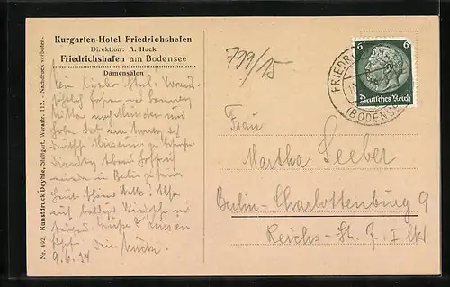 AK Friedrichshafen a. B., Kurgarten-Hotel - Damensalon