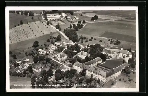 AK Wessobrunn, Kloster, Pfarrkirche mit Römerturm und Klostergut vom Flugzeug aus