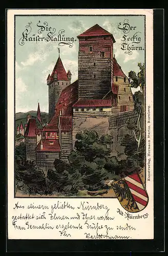 Künstler-AK Nürnberg, Kaiser-Stallung mit 5eckigem Turm, Wappen
