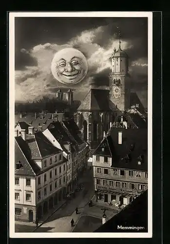 Künstler-AK Memmingen, Teilansicht mit lachendem Vollmond