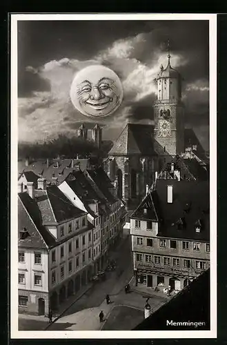 Künstler-AK Memmingen, Teilansicht mit lachendem Mond