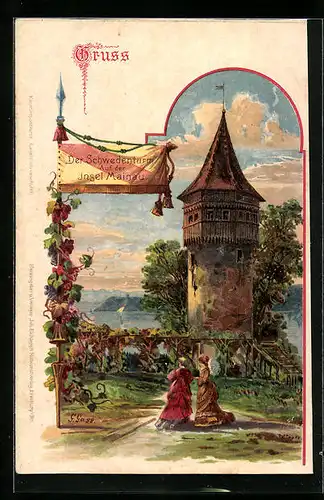 Künstler-AK Insel Mainau /Bodensee, Schwedenturm mit Besucherinnen