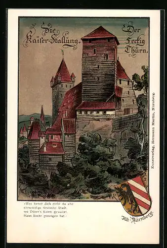 Künstler-AK Nürnberg, Kaiser-Stallung mit fünfeckigem Thurm, Wappen