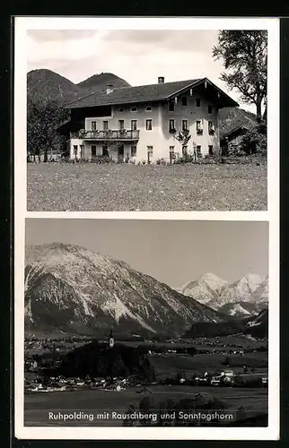 AK Ruhpolding, Ortsansicht mit Berggipfeln, Einzelhaus