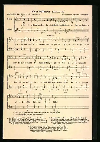 AK Dillingen a. D., Heimatwanderlied Mein Dillingen mit Noten