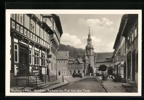 AK Stolberg i. Harz, Strassenpartie mit Rathausecke, Post, Alter Turm