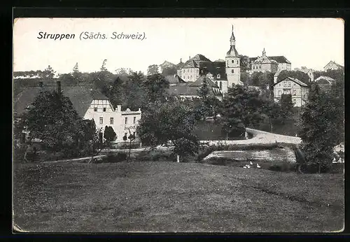 AK Struppen /Sächs. Schweiz, Uferpartie mit Gasthof