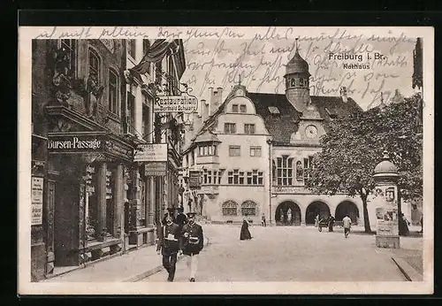 AK Freiburg i. Br., Das Rathaus, Restauration zum Berthold Schwarz, Litfasssäule