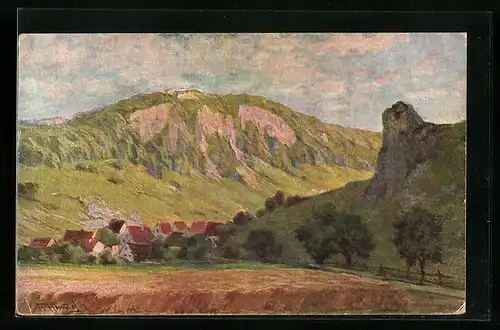 Künstler-AK Münsingen, Ortsansicht mit Hohengundelfingen