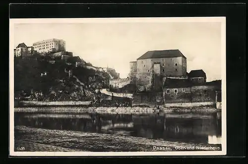 AK Passau, Ober- und Niederhaus mit Uferpartie