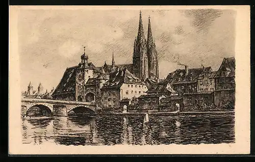 Künstler-AK Regensburg, Blick auf die malerische Altstadt