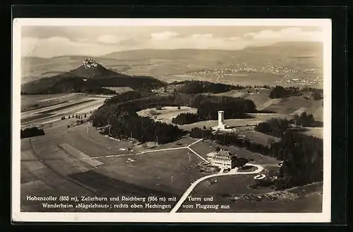 AK Hechingen, Teilansicht mit Turm und Wanderheim Nägelehaus mit Hohenzoller, Zellerhorn und Raichberg, Fliegeraufnahme