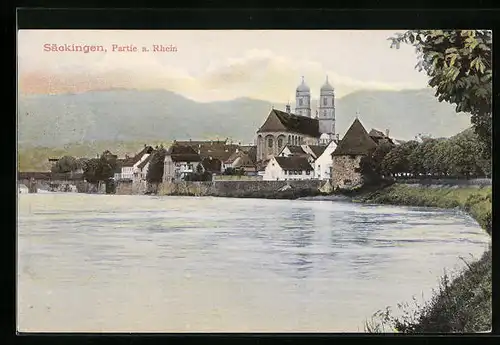 AK Säckingen, Partie am Rhein mit Kirche