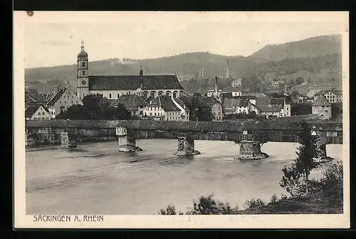 AK Säckingen a. Rhein, Teilansicht mit Kirche und Brücke