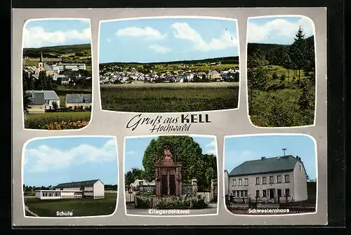 AK Kell, Ortspartie mit Kriegerdenkmal, Schule und Schwesternhaus