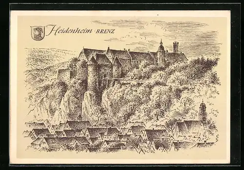 Künstler-AK Heidenheim a. d. Brenz, Ortsansicht mit Schloss