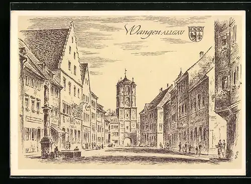 Künstler-AK Wangen i. Allgäu, Marktplatz mit Uhrenturm
