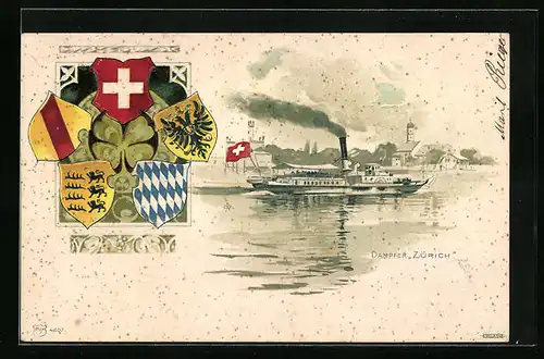Lithographie Dampfer Zürich gibt Volldampf, Wappen