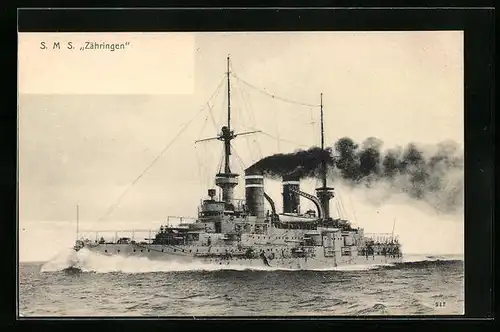 AK Kriegsschiff SMS Zähringen Volldampf gebend
