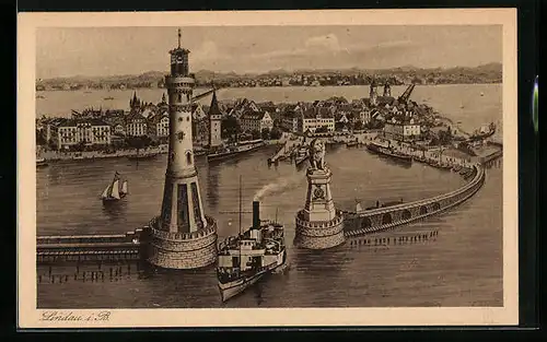 Künstler-AK Lindau i. B., Der Hafen mit Leuchtturm, Dampfer