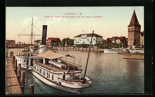 AK Lindau i. B., Partie im Hafen mit Bayrischen Hof, Leuchtturm, Dampfer