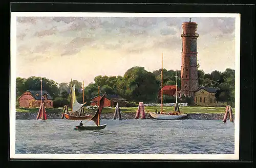 Künstler-AK Travemünde, Boote vor dem Leuchtturm